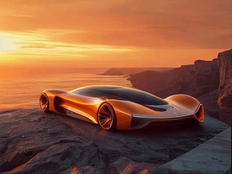 Moderne hybride supercar bij zonsondergang