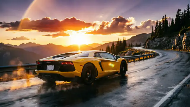 Lamborghini supercar op een bergweg bij zonsondergang